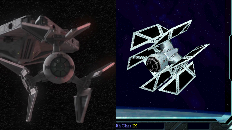 TIE Defenders as they appear in Rebels and in X-Wing vs. TIE Fighter